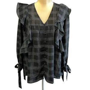 Loft Long Sleeves Ruffle Plaid Bow Sleeves Top Black Gray Size Small